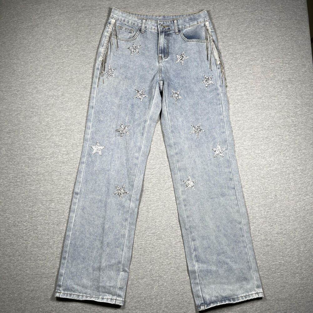 SheIn Jeans Womens 27 Blue Acid Wash Straight Regular Mid Rise Rhinestone Fringe